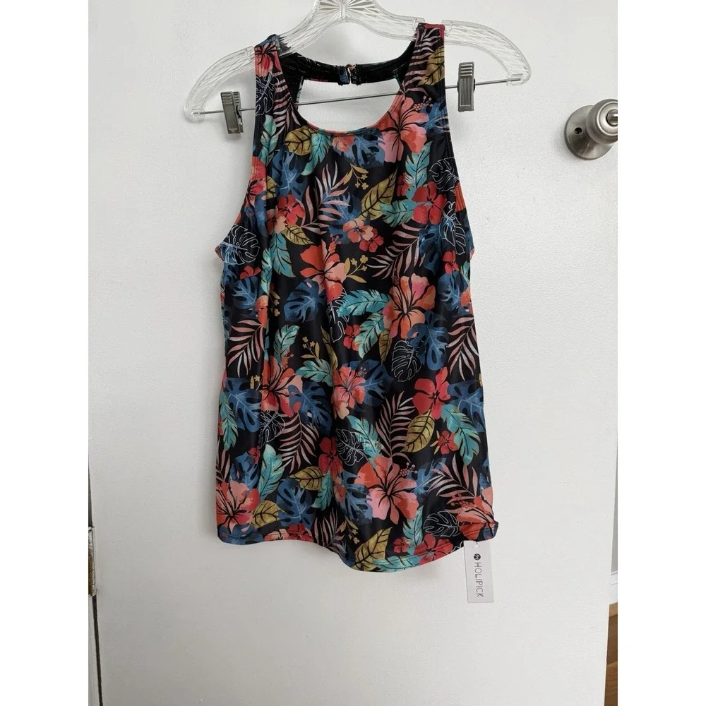 Holipick Women's Red Floral Swim‎ Tankini Top Polyester, Spandex Size Large